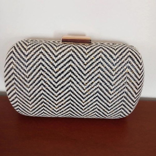Clutch bag with hard frame, new, black and gold chevron pattern