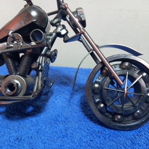 Handmade miniature metal motorcycle sculpture used, vintage chopper style