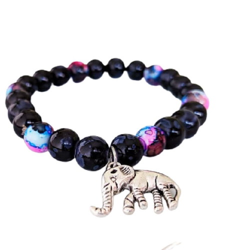 Handmade bracelet with black and pink-purple beads and metal elephant new