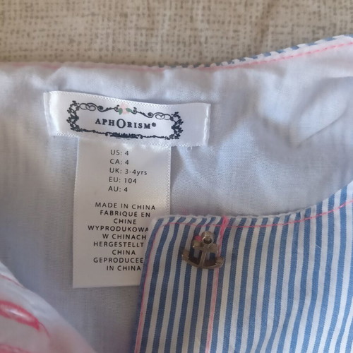 Summer sleeveless dress like new, blue and white stripes, pink cord