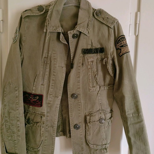 Military Safari Jacket, olive with patches and distressed details