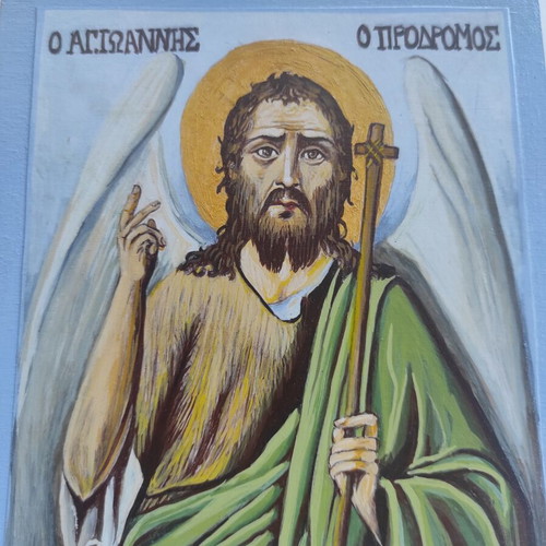 Handmade icon Saint John the Baptist egg tempera on plywood