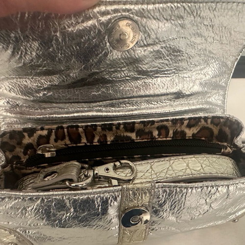Hunter Handbag used, silver with animal print lining