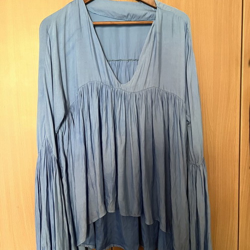 Silk baby blue blouse with puffed sleeves