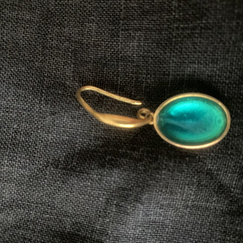 Gold-tone earrings with oval turquoise enamel, like new, handmade vintage style
