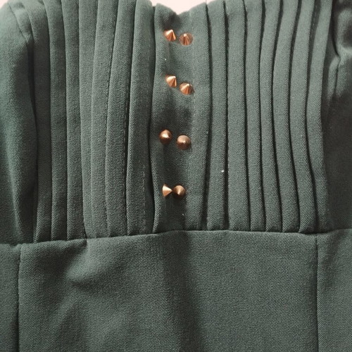 Strapless jumpsuit dark green with smocking and elastic legs, used, size S