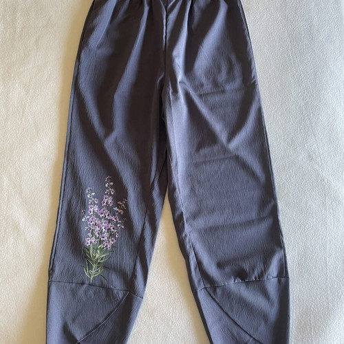 Summer blue-gray pants with print like new, elastic waist, pockets