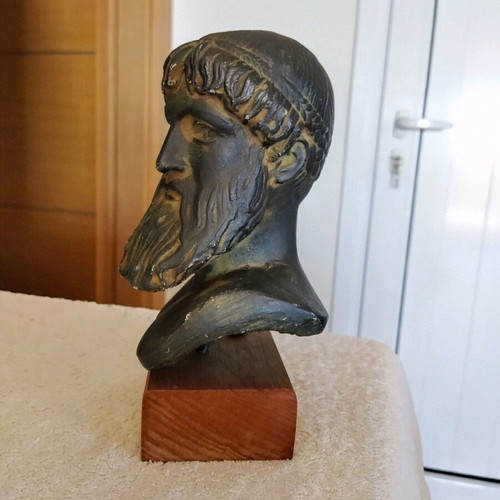 Poseidon alabaster bust with green patina