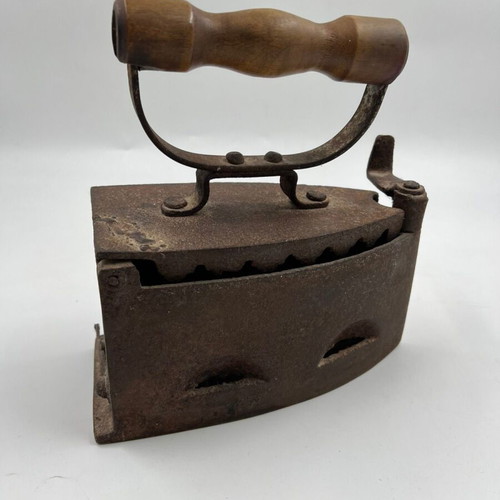 Cast Iron Charcoal Iron with Wooden Handle used, vintage clothes iron