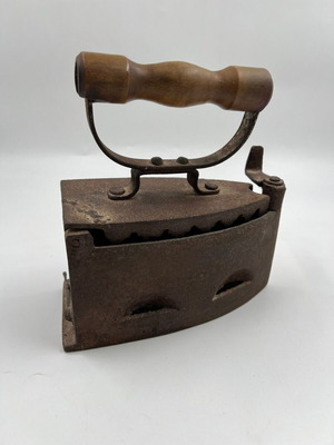 Cast Iron Charcoal Iron with Wooden Handle used, vintage clothes iron