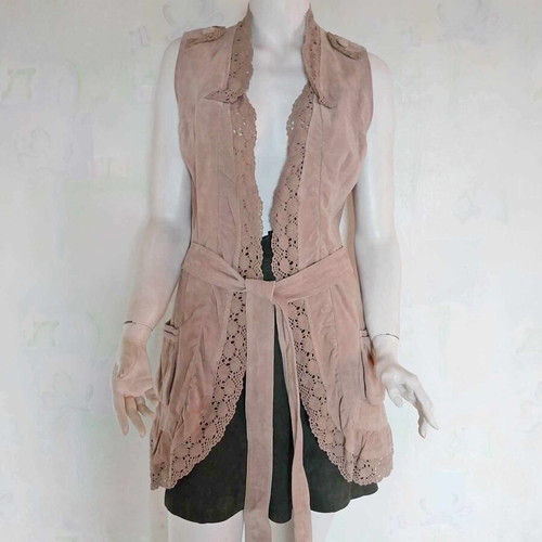 Vintage French long women's leather vest with lace and belt used