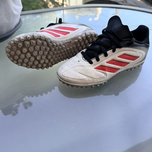Adidas kids' football shoes with studs, size 32, white and red