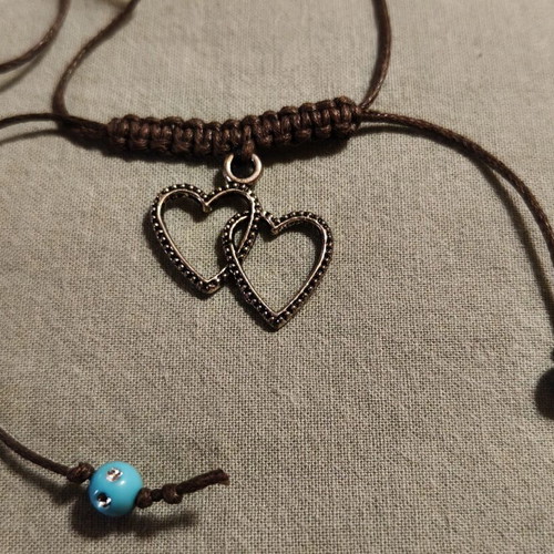 Boho handmade necklace with double heart, new, brown and turquoise