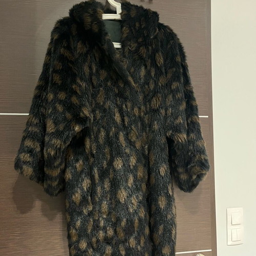 Eco fur coat with hood used, brown, oversized S-M