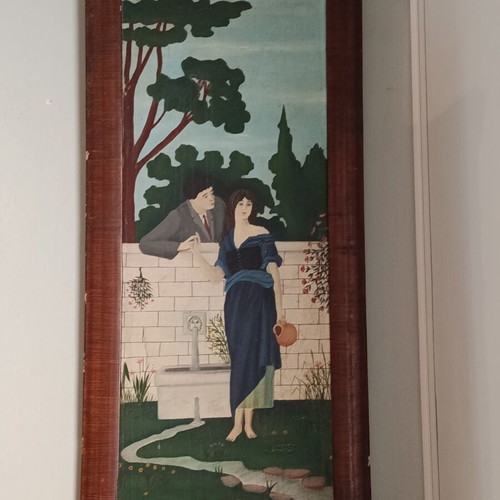 Old oil painting on canvas "At the Fountain" used, 1930 with frame