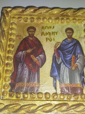 Icon of Saints Anargyroi new, handmade clay 15x15 cm