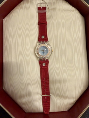 Swatch Gent Roi Soleil ρολόι 1993 limited edition σαν καινούργιο, μπλε καντράν, κόκκινο δερμάτινο λουράκι