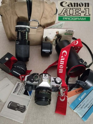 Canon AE-1 Program αναλογική φωτογραφική μηχανή με φακό Canon FD28 και σετ τηλεφακών Tamron σαν καινούργιο