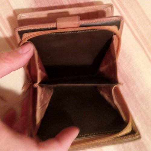 Cozy leather women's wallet like new, beige with handpainted butterflies
