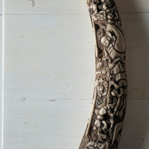 Carved Buffalo Bone Tusk like new, decorative with Asian mythological figures