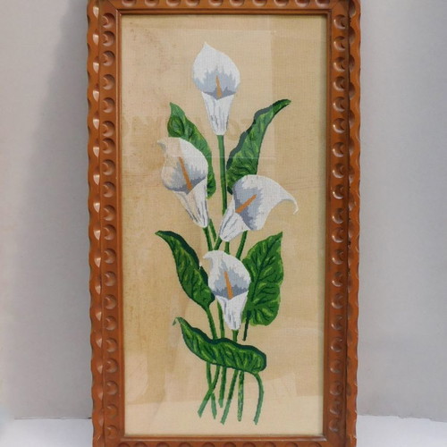 Embroidered paintings with protective glass and wooden ornate frame, set of two