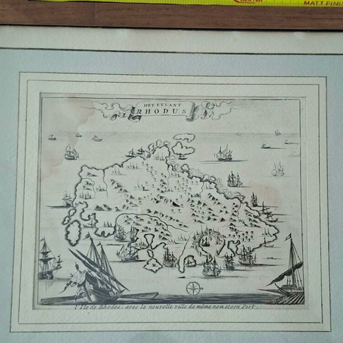 Engraving of Rhodes 1687 by O. Dapper used, copperplate with frame