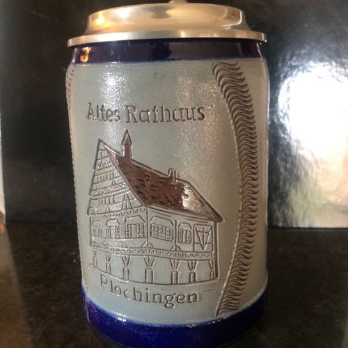 Vintage stoneware beer stein with pewter lid, 0.5L