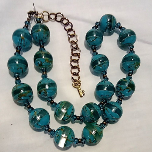 Boho Summer Choker Necklace with Large Striped Turquoise Glass Beads 44cm + 7cm