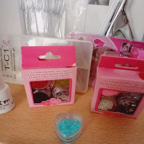 Nail art items used, decoration set with tips and glue
