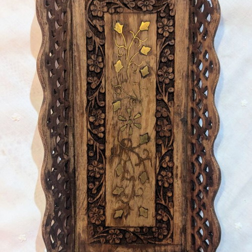 Handmade Indian carved wooden vintage tray with brass inlay