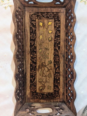 Handmade Indian carved wooden vintage tray with brass inlay