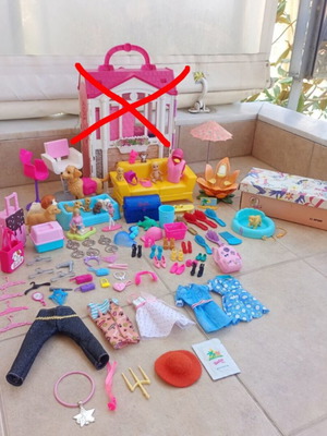 Barbie accessories set with clothes, shoes, furniture, figures, vintage gel, and box