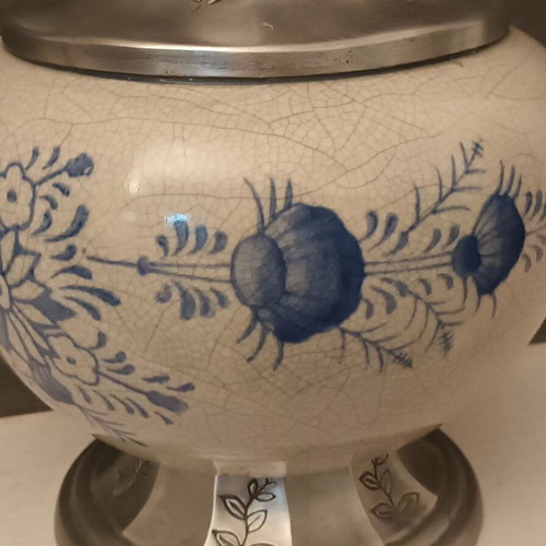 Vintage vase made of fine crackle porcelain and pewter like new