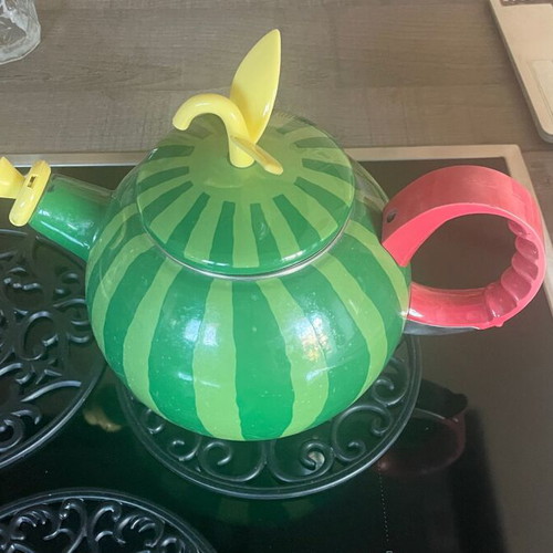 Enamel teapot 1.5 liters steel with whistle, watermelon design like new