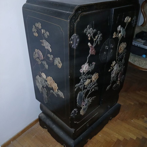 Vintage Chinese Storage Cabinet used, hand-painted with semi-precious stones