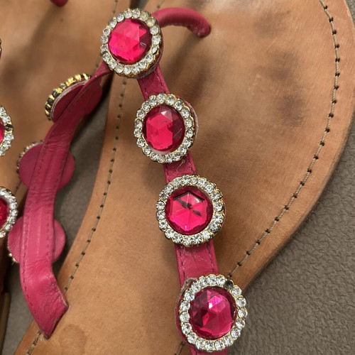 Maxime leather sandals with large fuchsia stones and crystals, like new