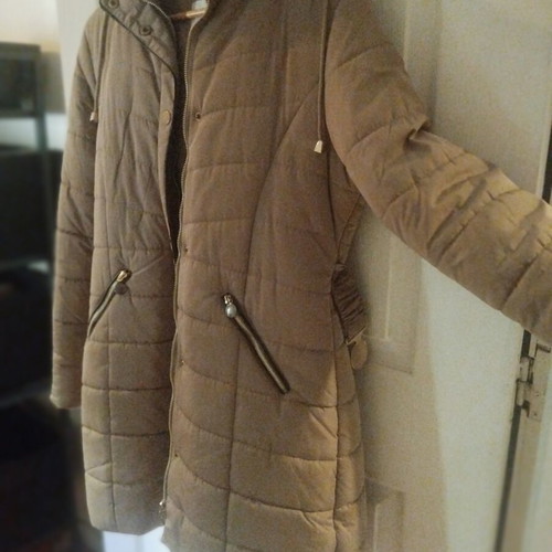 Beige long jacket used, warm, fits S-M