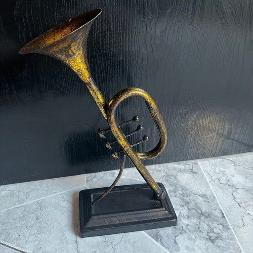 Vintage decorative musical instrument 30 cm with base, bronze finish