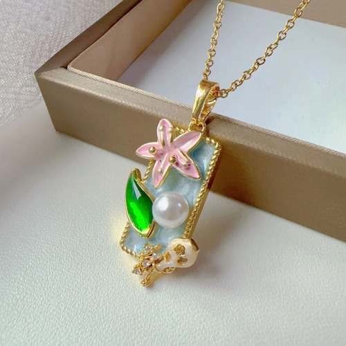 Vintage Camellia Necklace with Enamel, Pearl & Rhinestones, New