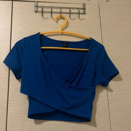 Shein blue cropped cross-front top, size S