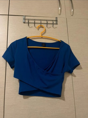 Shein blue cropped cross-front top, size S