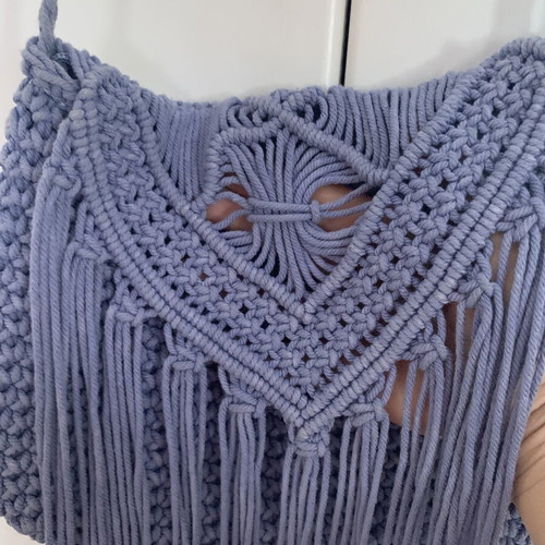 Boho Handmade Macrame Shoulder Bag like new, blue with lining and fringes