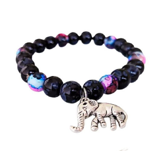 Handmade bracelet with black and pink-purple beads and metal elephant new