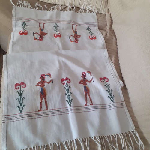 Long woven runner with Minoan Prince with Lilies embroidery and fringes