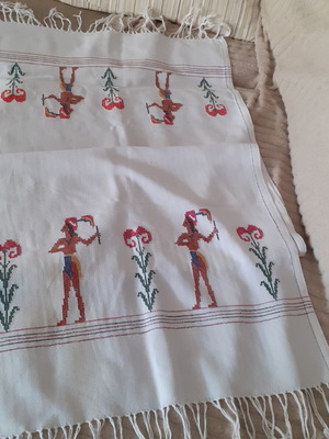 Long woven runner with Minoan Prince with Lilies embroidery and fringes