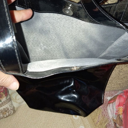 Women's shoulder bag new, black glossy with ecru bow
