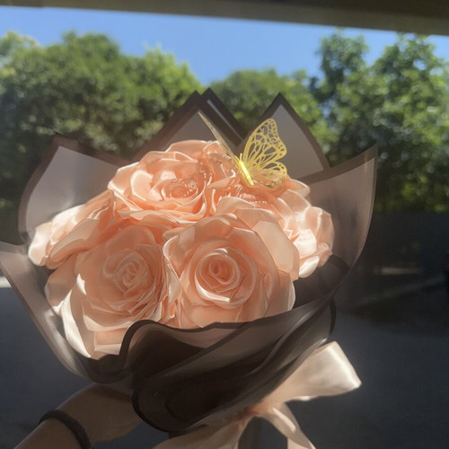 Handmade scented bouquet with satin roses and waterproof wrapping