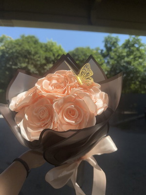 Handmade scented bouquet with satin roses and waterproof wrapping