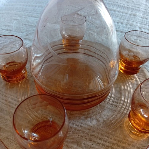 Vintage liqueur set with tray, 5 glasses and bottle