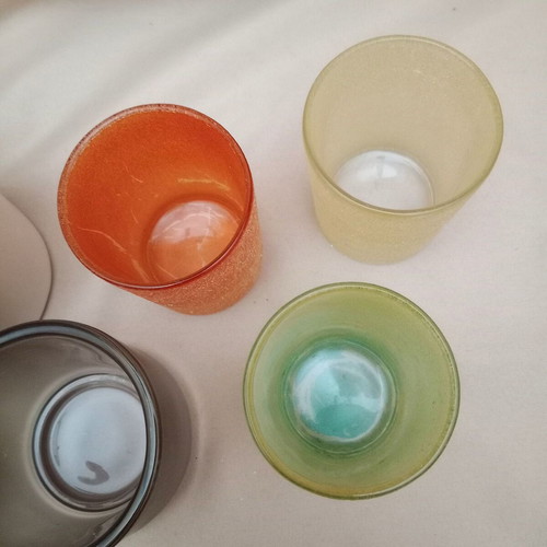 Glass candle holders used, set of 6, various colors with glitter
